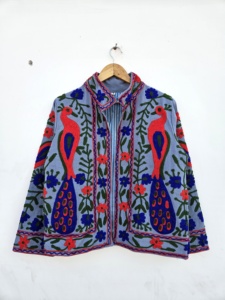 Breathable 100% Velvet Suzani Embroidered Floral Printed Jacket <b>Covered</b> <b>Button</b> Closure Full Sleeve for Women's Spring Autumn - Product Image 1