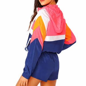Ensemble de survêtement à capuche color block pour femme, manches longues, tenue sportive deux pièces avec short, respirant, en polyester, pour le printemps et l'été - Product Image 4