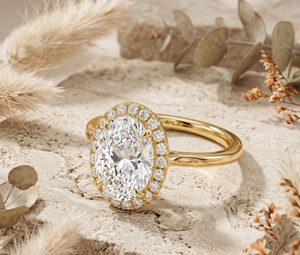 Anillo de compromiso de moissanita de oro amarillo de 14K con corte ovalado, halo oculto y engaste de puntas - Product Image 2
