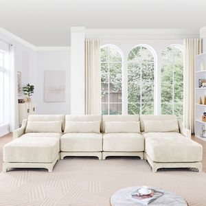 Divano a Quattro Posti in Tessuto Chenille per Soggiorno, Struttura in Legno Massello, Spugna ad Alta Resilienza, 1 Pouf Mobile, Cuscino Lombare, Elegante - Product Image 3