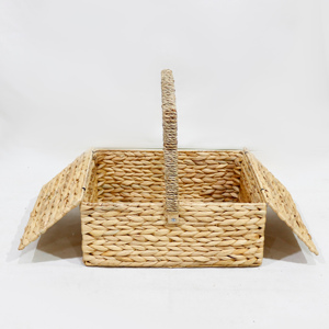 Water Hyacinth Vintage <b>Rectangle</b> Picnic <b>Basket</b> Handwoven <b>Storage</b> with Handle - Product Image 5