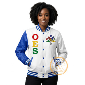 Veste universitaire OES blanche et bleue à manches longues avec logo brodé sur le devant, col montant, pour femme, automne, en satin imperméable - Product Image 1