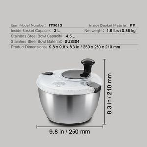 Centrifuga per Insalata in Acciaio Inox 304 da 4,75 Qt, Facile da Usare con Una Mano, Asciugatore per Verdure, Lavatrice e Asciugatrice per Lattuga per Uso Alimentare - Product Image 5