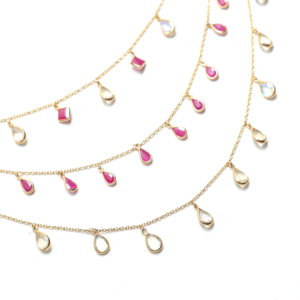 <b>Ruby</b> and Rainbow Moonstone Triple-Layer <b>Necklace</b> in Solid 18K Yellow Gold Bezel Set Pear and Round Gemstone Cascading Chain - Product Image 2