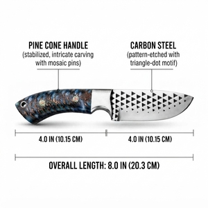 Couteau de chasse en acier au carbone avec manche en forme de cône de pin bleu, motif triangulaire gravé, couteau à lame fixe pour le camping et les activités de plein air, fabricant - Product Image 2