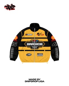 Traje de Carreras Estilo NASCAR Personalizado |   Conjunto de Chaqueta y Pantalones Cortos de Motociclista Vintage |   Fabricante de Ropa Deportiva OEM en Amarillo/Negro - Product Image 4
