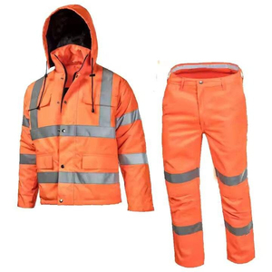 Men's Hi Visibility Reflective Work <b>Jacket</b> and Pants Set Orange Polyester Safety Uniform with <b>Silver</b> Stripes - Product Image 1
