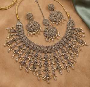 New High Quality Latest Designed Ethnic Bridal Brass Gold-Plated Rhodium Plated Moissanite Maang Tikka Necklace Earrings <b>Set</b> - Product Image 1