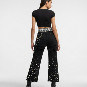Custom High Waist Black Wide Leg Pants With Pearl Decoration Ripped Distressed Street Style Men's Trousers <b>Elastic</b> Waist By SHY - Product Image 3