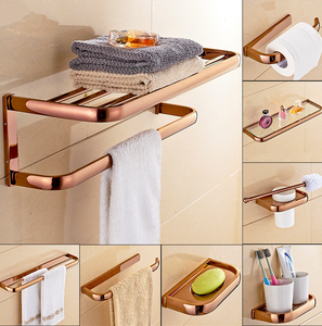 Ensemble de salle de bain moderne mural Daystar Trade en cuivre brossé or rose, 4 pièces, écologique, avec porte-serviettes, étagère et double barre à serviettes - Product Image 3