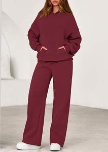 Conjuntos de chándal de dos piezas para mujer, hechos a medida por OEM, de algodón 100% sólido, para invierno/otoño, con sudaderas extragrandes y pantalones de pierna ancha, conjuntos a juego para estar en casa. - Product Image 3