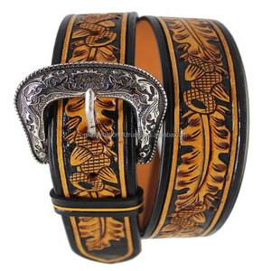 Cinturón de herramientas de cuero genuino curtido Vintage hecho a mano, cinturón de hebilla de flor tallado Retro informal para tamaños personalizados unisex - Product Image 3