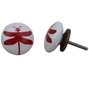 Perillas de cerámica hechas a mano al por mayor, perilla de armario redonda blanca de libélula roja, tiradores de puerta, Fabricante de herrajes, tiradores de cajón, lote a granel - Product Image 3
