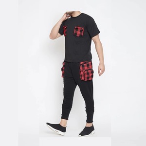 Men Black Red Buffalo Plaid Pocket Two Piece <b>Set</b> Short Sleeve Tee Cuffed Jogger Pants Cargo Utility Streetwear Casual <b>Set</b> - Product Image 1