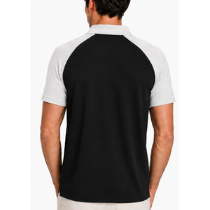Pull classique pour homme à col zippé, tricoté, respirant, blanc cendré et noir, avec blocs de couleur contrastés, manches raglan, logo personnalisé - Product Image 4