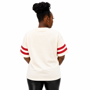 Oversized <b>Cream</b> <b>T</b>-<b>Shirt</b> Men Short Sleeve Contrast Red Stripes O-Neck Casual Jersey Fit Regular Length 100% Cotton - Product Image 2