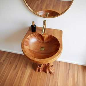 Solid wood bathroom vanity with sink pedestal handmade carved wash basin bathroom organizer decoration - Product Image 4