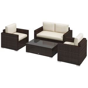 Set Divano in Rattan Khaki a 4 Pezzi con Poltrone, Tavolino da Caffè con Piano in Vetro, Struttura in Alluminio, Mobili da Giardino in Vimini per Esterni - Product Image 1