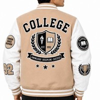 Vestes de sport beiges pour hommes, style preppy, avec patchs brodés, col rabattu, coupe classique, pour l'automne.