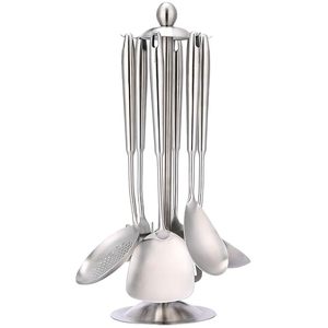 Ensemble d'ustensiles de cuisine en acier inoxydable 304 avec support, 6 pièces, cuillères de cuisine, outils de cuisine avec support rotatif - Product Image 1
