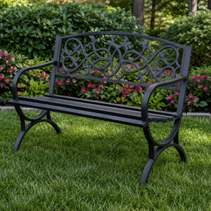 Black <b>Metal</b> Garden <b>Bench</b> Ornate Scroll Back Outdoor Patio Lawn Park Seating Decorative Furniture with Curved Armrest Premium - Product Image 3