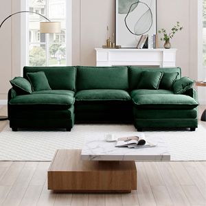 Divano Modulare a U Oversize a 3 Posti con Pouf Convertibili, in Tessuto Corduroy Verde, 2 Poggiapiedi, Comodo per Conversare - Product Image 2