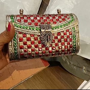 Handmade Beaded Metal Clutch <b>Bag</b> Red Green Checkerboard Pattern Evening Party Handbag - Product Image 2