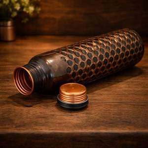 Hexagon Pattern Copper Water <b>Bottle</b> Antique Black Finish Geometric Metal Drink <b>Flask</b> Reusable Leakproof Hydration <b>Bottle</b> - Product Image 2