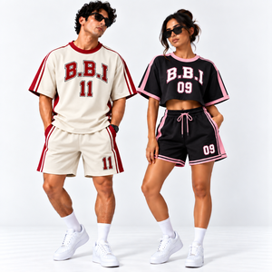 custom couple streetwear short set mens cream maroon oversized <b>tshirt</b> shorts <b>womens</b> <b>black</b> pink cropped tee gym shorts tracksuit - Product Image 1