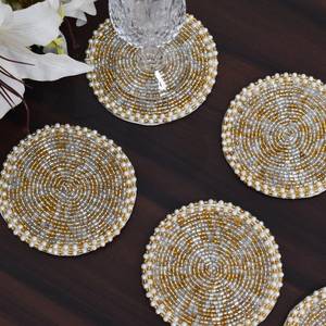 Handmade Beaded Flower Drink Holder Set 1 Luxury Style Reusable Eco-Friendly Washable Portable <b>Bar</b> <b>Mats</b> White Gold Mosaic Design - Product Image 5