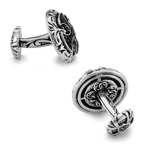 Mancuernillas Redondas Personalizadas de Piedra Negra con Diseño Floral en Tono Plateado Vintage, Joyería Formal para Camisa de Boda para Hombre - Product Image 2