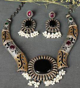 Conjunto de Collar y Pendientes de Plata Oxidada de Dos Tonos con Gotas de Ónix, Rubí y Perla Verde, Diseño para Enamorados, Joyería Bohemia para Regalo de Boda para Mujer - Product Image 2