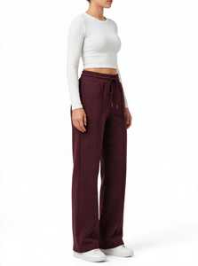 ONETEN APPAREL Pantalones Deportivos Anchos Color Borgoña para Mujer, Cintura Elástica con Cordón, Bolsillos Laterales, Joggers Casuales - Product Image 4
