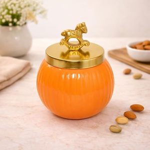 Pot de conservation alimentaire orange avec couvercle en forme de cheval doré, récipient de cuisine vintage, hermétique, préservation de la fraîcheur, design rond - Product Image 5