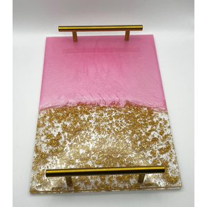 Nouveau Plateau de service en résine géode avec poignées dorées, finition brillante, motif marbre abstrait, pour la décoration intérieure et les cadeaux de mariage - Product Image 5