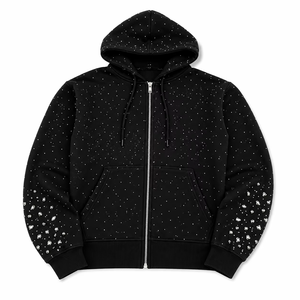 <b>Black</b> Trendy Heavy Weight 100%Cotton 450gsm Pearls Rhinestones Streetwear <b>Zipper</b> <b>Hoodie</b> Winter ODM Custom Size Colors Available - Product Image 1