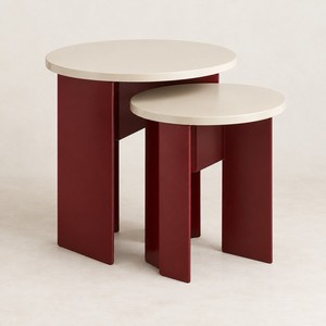 Tables d'appoint gigognes en fer, lot de 2, tables d'appoint rondes en métal, tables d'appoint crème et bordeaux pour salon - Product Image 1