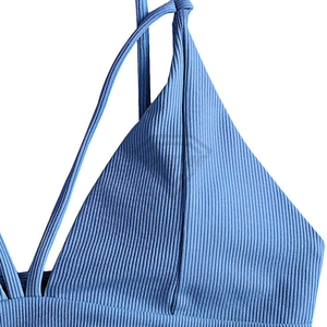 Women's Ribbed Two Piece Bikini Set Crossed Halter Top Thong Bottom Solid Blue Swimwear <b>Stretch</b> Beachwear Bikini Sets - Product Image 5