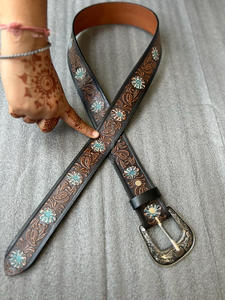 Cinturón de cuero genuino hecho a mano auténtico, cinturón floral pintado a mano occidental, cinturón de cintura Unisex de cuero mecanizado recién llegado - Product Image 3