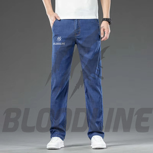 Jean droit uni pour homme Bloodline, taille mi-haute, coupe classique, en denim décontracté, coton respirant, idéal pour l'été, style hip-hop déchiré - Product Image 5