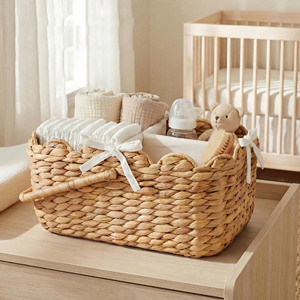 Artisanal Water Hyacinth <b>Storage</b> <b>Basket</b> With Handle <b>Rectangle</b> Shape Rustic Style Multi-Purpose Organizing Caddy For Babies Room - Product Image 5