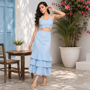 Ensemble deux pièces pour femme, haut court à bretelles rayé bleu clair, jupe midi à volants superposés, style bohème, en coton, printemps-été - Product Image 2