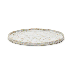 Plateau rond en nacre fait main, incrustation MOP, plateau de service décoratif, mosaïque florale, plateau de table basse ou ottoman, vente en gros - Product Image 1