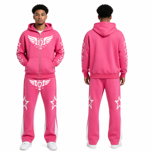 Ensemble survêtement rose pour homme avec logo personnalisé, sweat-shirt zippé et pantalon de jogging, style streetwear - Product Image 1
