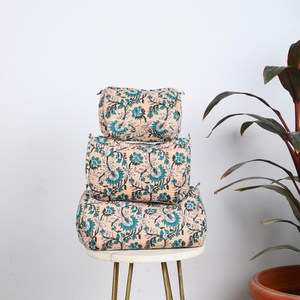 Juego de 3 Bolsas de Cosméticos Acolchadas con Estampado Floral de Moda Bohemia, con Cierre de Cremallera y Cadenas, Bolsas de Aseo de Algodón - Product Image 3