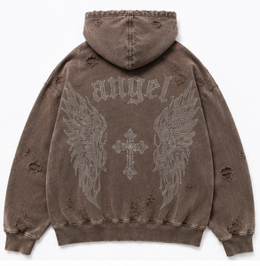 Sweat-shirt à capuche zippé oversize pour homme, marron délavé, avec poche brodée en croix, en coton French Terry, style automne - Product Image 3