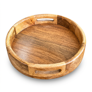 Plateau de service artisanal en gros, plateau rond en bois personnalisé OEM ODM avec poignées découpées DECORYUG - Product Image 1