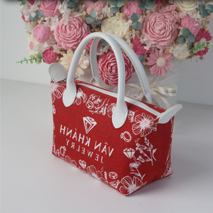 Custom Logo Red Jute Tote Bag Hand Length Handle <b>Small</b> Size Zipper Closure Hanoi Made Jewelry Packaging Advertising <b>Gift</b> Bag - Product Image 5