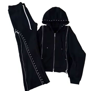 Men's Black Rhinestone <b>Tracksuit</b> Set Full Sleeve Zipper Hooded Casual Autumn Wear Solid Polyester Material Regular Fit - Product Image 1
