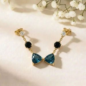 London Blue Topaz Jewelry Deep Blue Trillion Cut & Black Obsidian <b>Earrings</b> Gemstone Stud Dangle <b>Earrings</b> With CZ Accent Handmade - Product Image 5